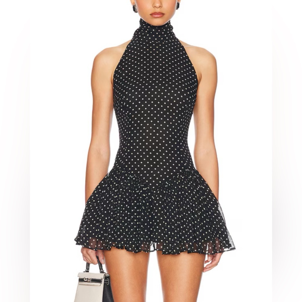 Helsa The Gemma Dress in Printed Silk Chiffon in Black & Ivory Polka Dot Medium - Picture 5 of 13